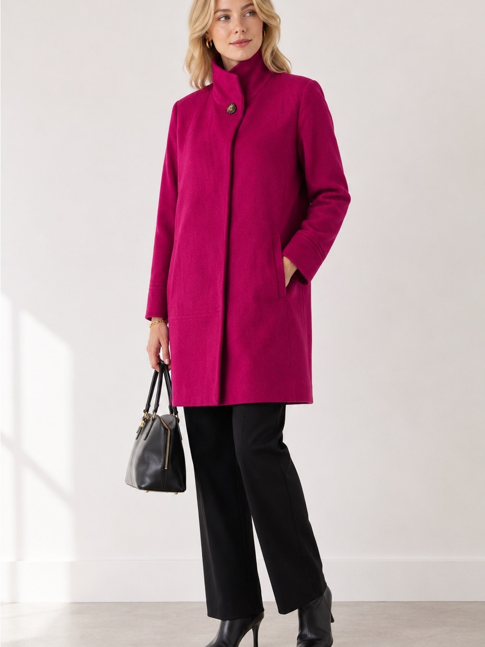 Fleurette Studio Fuchsia Wool Blend Funnel Neck Car Coat Size 12